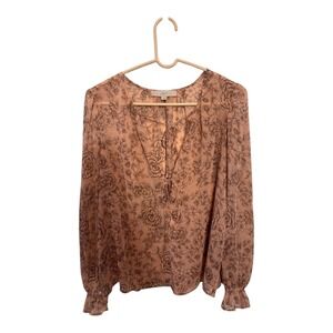 LOFT Womens Large Floral Sheer Chiffon Tie Front Long Sleeve Blouse Pink Brown‎